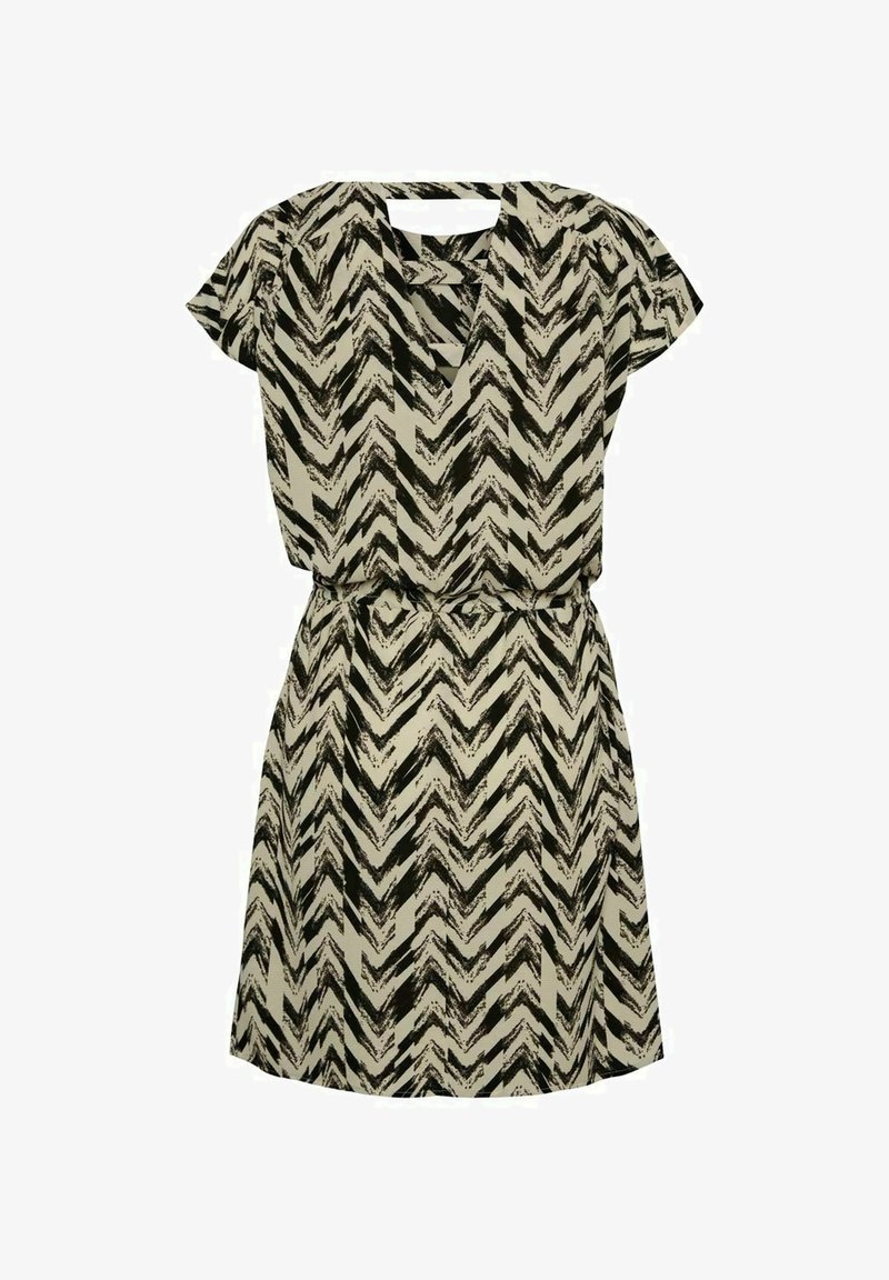 Sukienka w czarno-beżowy wzór zygzaka z krótkimi rękawami, dekoltem w kształcie litery V i elastyczną talią, oferująca luźny krój.