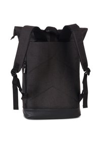 Black fabric backpack with adjustable straps, textured surface, and a solid black base; features a side zipper for easy access.