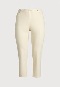 Kremfargede denim capri-bukser med en tettsittende fasong, frontlukking med knapp og fem lommer. Glatt tekstur, ingen synlige mønstre.