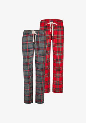 Dos pares de pantalones a cuadros: uno gris con detalles en verde y rojo, y otro rojo con líneas verdes y amarillas. Ambos tienen cintura elástica.