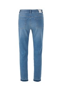 Light blue denim jeans with a straight cut, five pockets, and back yoke seam detailing. Fabric appears soft with a slightly faded finish.