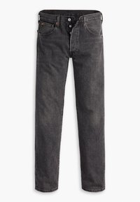 Jeans de mezclilla negra con un corte recto, que cuentan con cinco bolsillos, cierre de botón metálico y acentos de costura en color naranja. Textura desgastada visible.