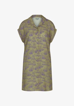 Overhemdjurk met korte mouwen in olijfgroen met paarse bloemenprint en een omgeslagen kraag.