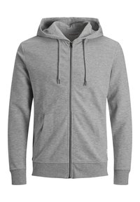 Sudadera con cremallera de color gris hecha de un material suave. Cuenta con capucha con cordón, bolsillos laterales y puños y dobladillo acanalados. Textura sutil visible.