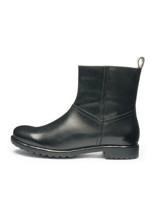 Black leather ankle boot with rounded toe, low heel, side seam details, and pull tab at the back on a white background.