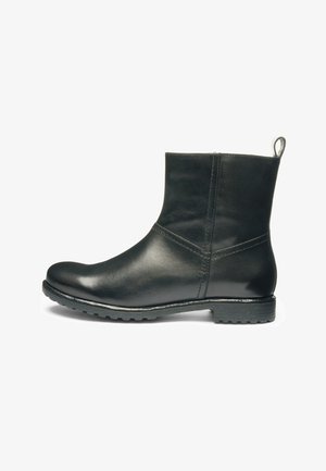 Black leather ankle boot with rounded toe, low heel, side seam details, and pull tab at the back on a white background.