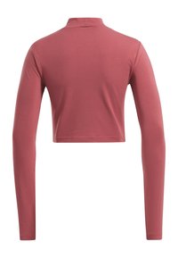 Långärmad croppad topp i mjukt, stretchigt tyg. Har hög krage och en enhetlig dammig rosfärg. Enkelt design utan synliga logotyper eller mönster.