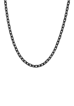 Collier en métal noir avec des maillons entrelacés, doté d'une surface lisse et brillante et de maillons ovales espacés de manière régulière.