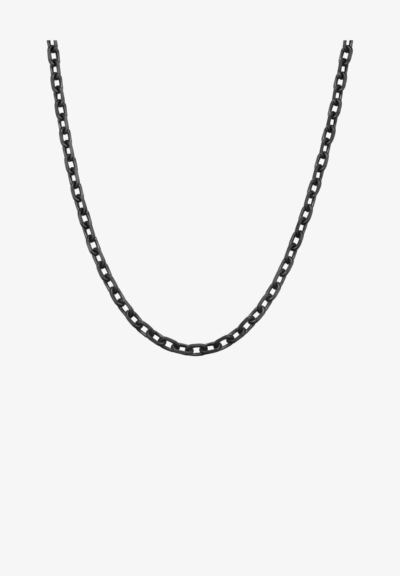 Sorte metal kæde med sammenkoblede led, der har en glat, skinnende overflade og jævnt placerede ovale led.