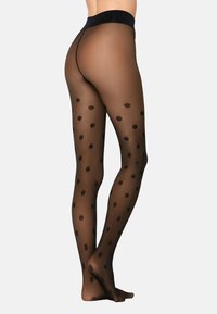 Czarne przezroczyste rajstopy z dużymi czarnymi grochami, z gładkim paskiem i gładką teksturą, zaprojektowane tak, aby idealnie przylegały do nóg.