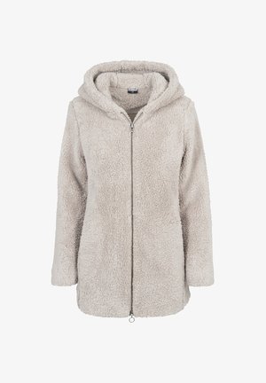 Jachetă sherpa fleece plușată de culoare gri deschis, cu mâneci lungi, fermoar frontal complet și glugă fixată, prezentată pe fundal alb.