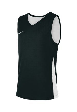 Sort ærmeløs sportstrøje med hvide sidepaneler og et lille hvidt Nike-logo på brystet, vist på en hvid baggrund.