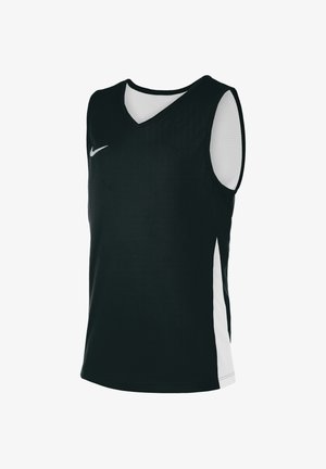 Sort ærmeløs sportstrøje med hvide sidepaneler og et lille hvidt Nike-logo på brystet, vist på en hvid baggrund.