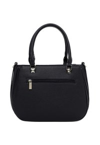 Juoda rankinė iš tekstūruotos odos, turi du viršutinius rankenėles, užtrauktuku uždariamą priekinę kišenę ir blizgius sidabrinius aparatūros akcentus.