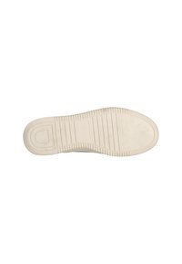 Schuhsohle aus off-white Gummi, flach mit horizontalen und vertikalen Rillen für verbesserten Halt, abgerundete Spitze und schlankes, minimalistisches Design.