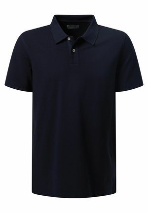 Marineblauwe polo shirt van katoen, met een klassieke kraag, een knoopsluiting met twee knopen en korte mouwen. Minimalistisch ontwerp zonder patronen.