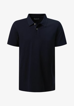Marineblauwe polo shirt van katoen, met een klassieke kraag, een knoopsluiting met twee knopen en korte mouwen. Minimalistisch ontwerp zonder patronen.