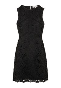 Zwart mouwloos jurkje met bloemenkant overlay, textuursteek, ronde halslijn en een geschulpte zoom met een rits aan de achterkant.