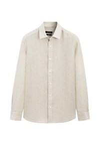Beige long-sleeve button-up shirt with subtle vertical stripes, classic collar, and buttoned cuffs, displayed on white background.