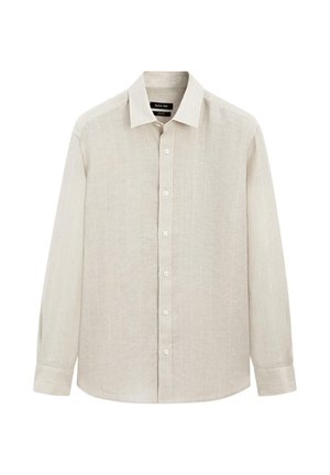Beige long-sleeve button-up shirt with subtle vertical stripes, classic collar, and buttoned cuffs, displayed on white background.