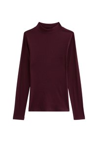 Burgundy långärmad turtleneck-tröja i ribbad textur, med en figurnära design och platta sömmar, tillverkad av elastisk tyg.