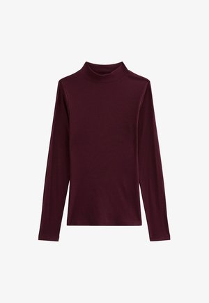 Burgundy långärmad turtleneck-tröja i ribbad textur, med en figurnära design och platta sömmar, tillverkad av elastisk tyg.