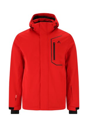 Rote wasserdichte Jacke mit hohem Kragen, verstellbarer Kapuze und schwarzen Akzenten. Verfügt über eine mit Reißverschluss versehene Brusttasche und Seitentaschen.