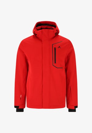 Rote wasserdichte Jacke mit hohem Kragen, verstellbarer Kapuze und schwarzen Akzenten. Verfügt über eine mit Reißverschluss versehene Brusttasche und Seitentaschen.