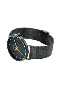 Schwarze Metalluhr mit einem dunkelgrünen, reflektierenden Zifferblatt, goldenen Stundenmarkierungen und einem strukturierten, schwarz-gewebten Armband. Verstellbare Schließe.
