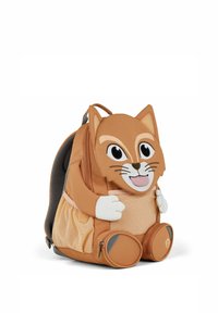 Oranger Kinder-Rucksack in Katzenform mit großen Augen, Ohren-Details und Reißverschlussfächern. Weiches, strukturiertes Material.