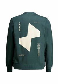 Felpa verde con colletto rotondo, caratterizzata da un grande design geometrico off-white e accenti testuali sul retro. Texture morbida e lavorata a maglia.