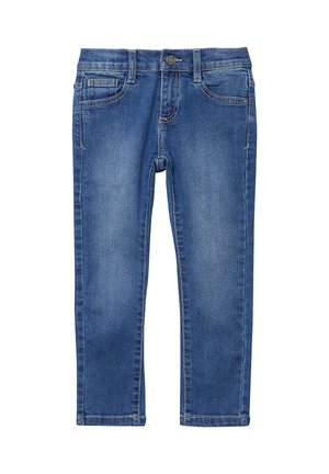 Blaue Kinderjeans aus Denim mit Vordertaschen, Gürtelschlaufen und Knopfverschluss.
