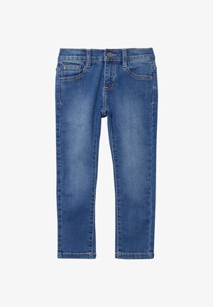 Vaqueros de denim azul para niños con bolsillos delanteros, pasadores para cinturón y cierre de botón.