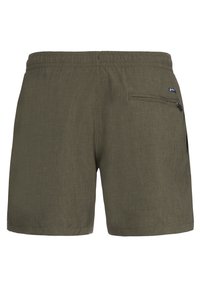 Olivgrüne Herren-Shorts mit elastischem Bund und Reißverschlusstasche hinten auf der rechten Seite, aus leichtem, strukturiertem Stoff.