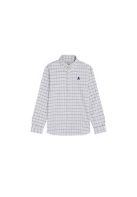 Camisa de manga larga con botones en patrón de cuadros blanco y azul claro, fabricada en algodón, con cuello y pequeño logo oscuro en el lado izquierdo del pecho.