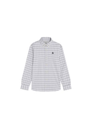 Camisa de manga larga con botones en patrón de cuadros blanco y azul claro, fabricada en algodón, con cuello y pequeño logo oscuro en el lado izquierdo del pecho.
