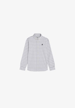 Camisa de manga larga con botones en patrón de cuadros blanco y azul claro, fabricada en algodón, con cuello y pequeño logo oscuro en el lado izquierdo del pecho.