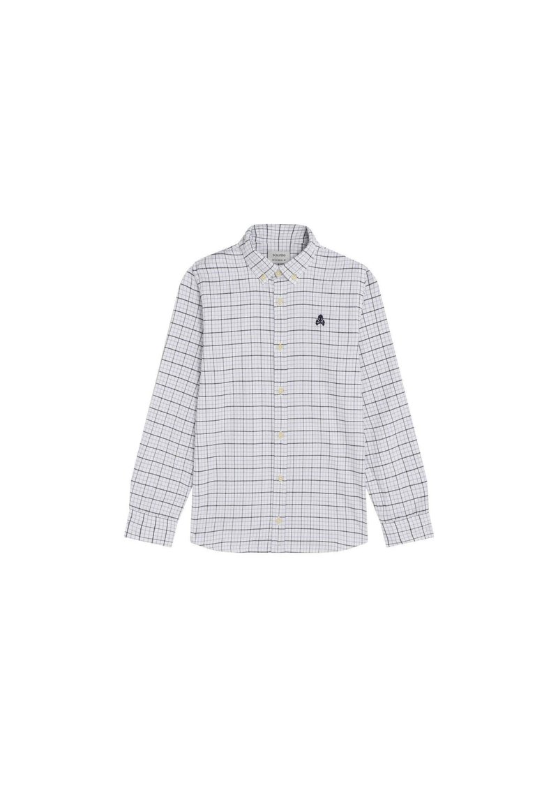 Camisa de manga larga con botones en patrón de cuadros blanco y azul claro, fabricada en algodón, con cuello y pequeño logo oscuro en el lado izquierdo del pecho.