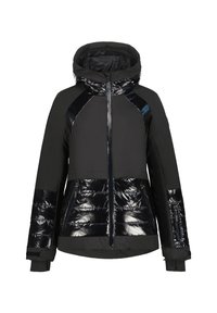 Sort pufferjakke med en blank, quiltet nederste del, matte overpaneler, hætte og lynlåslommer for funktionalitet.