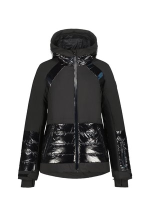 Zwarte pufferjack met een glanzend, doorgestikt ondergedeelte, matte bovenpanelen, een capuchon en ritszakken voor functionaliteit.