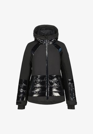 Giacca a vento nera con un brillante settore inferiore trapuntato, pannelli superiori opachi, cappuccio e tasche con zip per maggiore funzionalità.