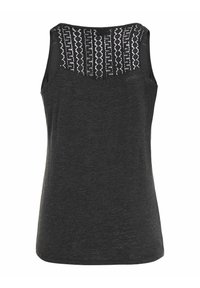 Débardeur noir avec un panneau arrière en dentelle texturée. Il présente un col rond, une conception sans manches et un tissu doux avec une coupe fluide.