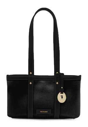 Zwarte rechthoekige leren totebag met lange handvatten, gouden beslag en een ronde gouden tag met de merknaam "Trussardi" aan de voorkant.