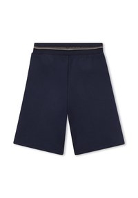 Marineblauwe shorts met een elastische tailleband en een gouden accent. Gemaakt van zacht materiaal, met een recht model.