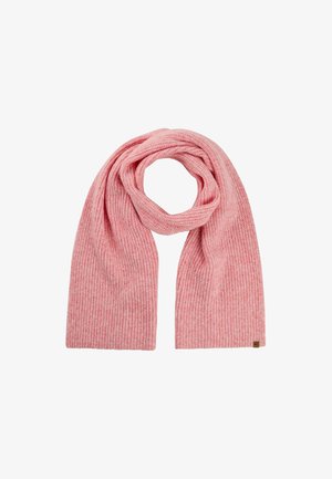 Gebreide roze sjaal met een ribbelstructuur. De lengte vouwt zich in een lus en heeft een klein logo-label. Zacht materiaal biedt warmte en comfort.