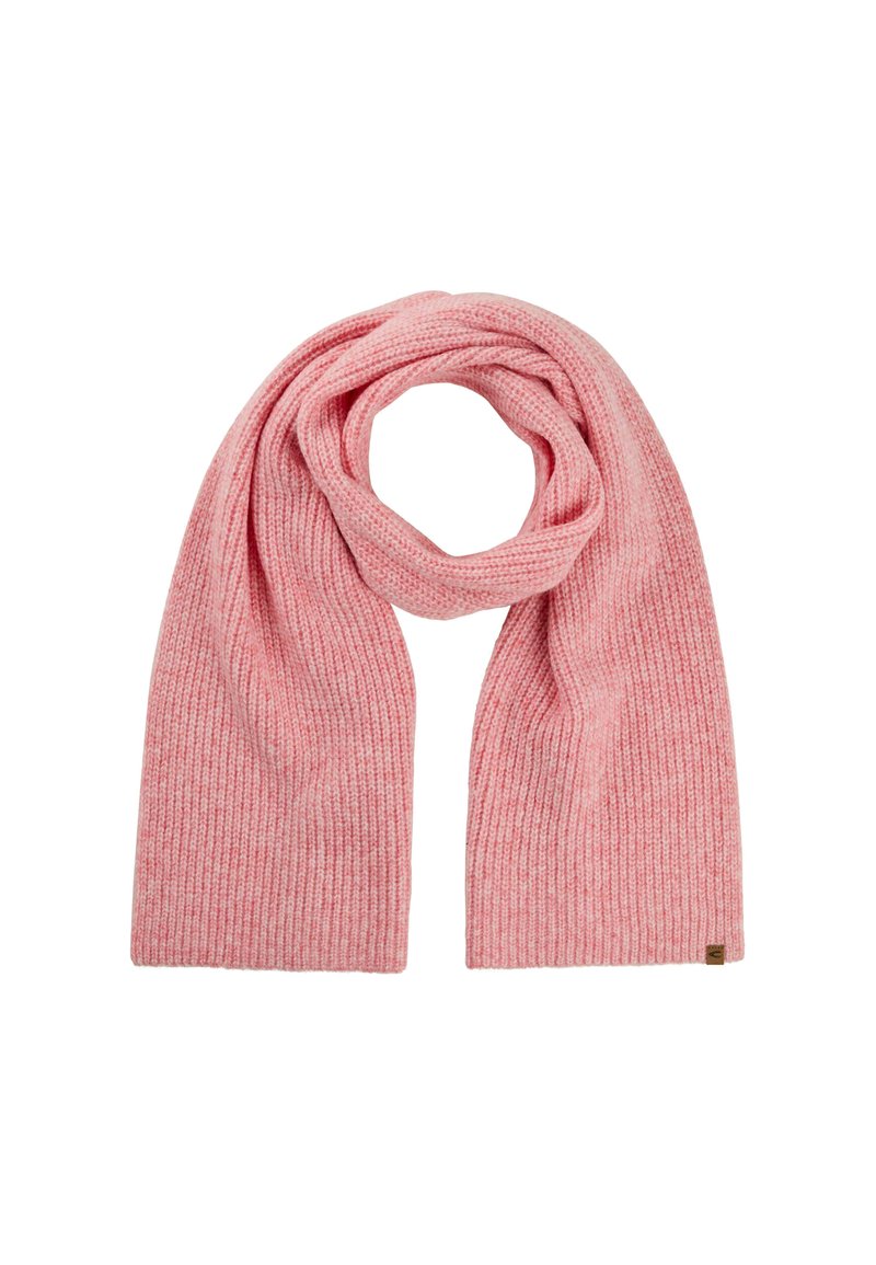 Strikket pink tørklæde med en ribbet tekstur. Længden foldes ind i en løkke, og den har et lille logo-tag. Blødt materiale giver varme og komfort.