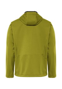 Vue arrière d'une veste à capuche vert olive avec manches longues et détails de panneaux cousus.