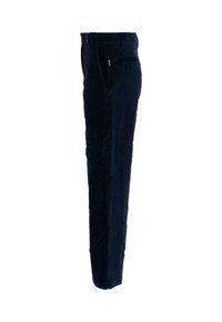 Navyblauwe corduroy broek met een rechte snit, voorzien van een zijzak, riemlussen en een ritssluiting. Zachte textuur met verticale ribbels.