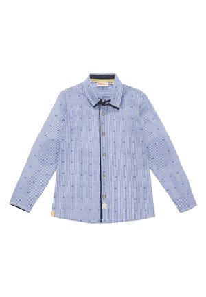 Niebiesko-biała koszula w pionowe paski z długim rękawem, z małymi rozproszonymi wzorami kotwic i guzikami wzdłuż środka.