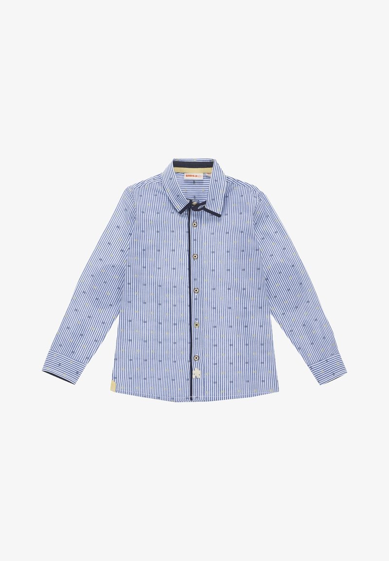 Chemise à manches longues rayée verticalement bleu et blanc avec de petits motifs d'ancre dispersés et des boutons au centre.